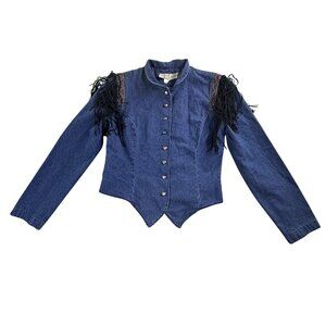 Vintage Denum Jeans Jacket Womens Small Blue Denim Western Fringe Made USA 90s